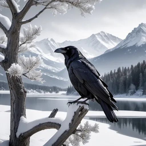 Prompt: un corbeau perchée sur un arbre, regarde une vue somptueuse de montagnes enneignées avec un lac gelé. Hiver.