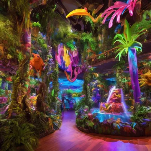 Prompt: Rainforest Cafe in the style of Lisa frank