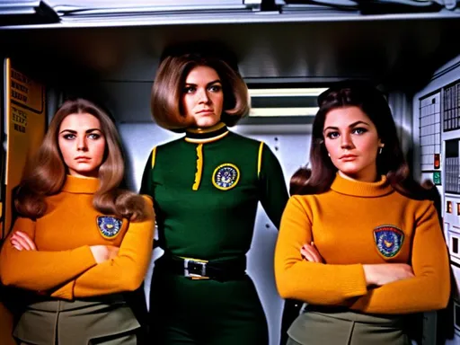 Prompt: Full body photo of  60's eurospy film operative women, beautiful face, highly detailed face, 60's long hair cut, 60's tight fitting evil organistion spy film uniform, 60's spy secret hideout control room, accurate anatomy, photorealistic professional lighting, highly detailed photo, large plan, 164k, UHD, HDR. Strong jawline, accurate anatomy, strategic lighting. Cinematic experience