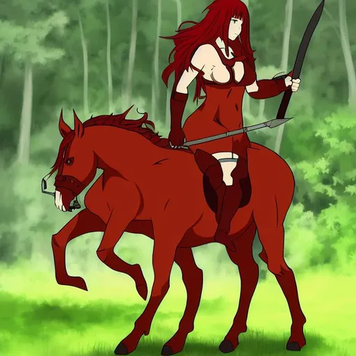 Prompt: a red centaur, with an axe, with an black armor, in a forest, professional, anime style