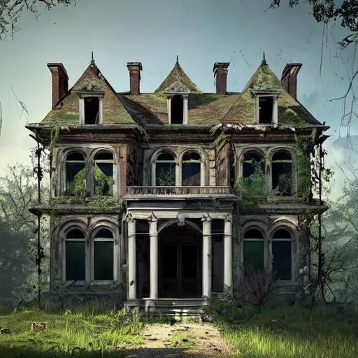 Prompt: Abandoned mansion, exterior, ruined gates, broken windows, three floor, attic, sloop roof, slim towers, trees, bushes, weeds