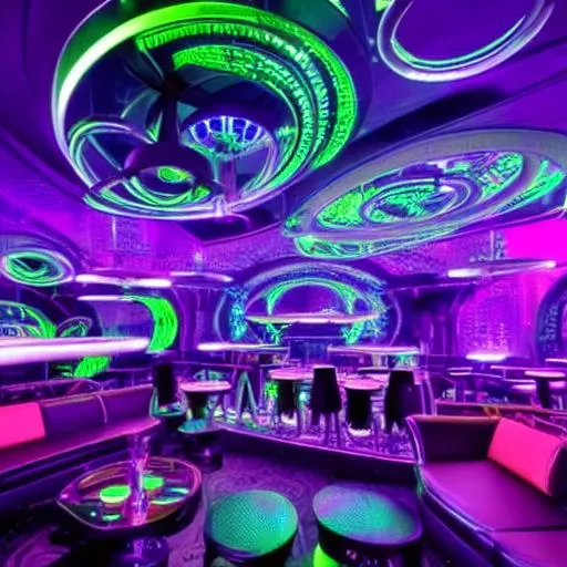 Prompt: inside of a cyber night club, futuristic, intricate decoration, drinks and foods