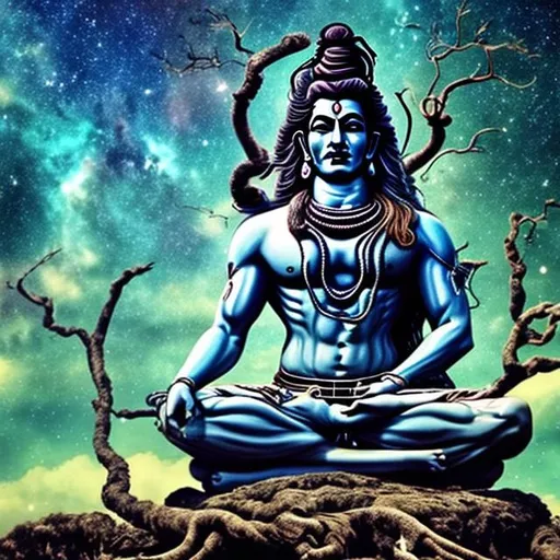 Prompt: Handsome Lord shiva mediating in galaxy in fearless form under old tree with lot of branches 
