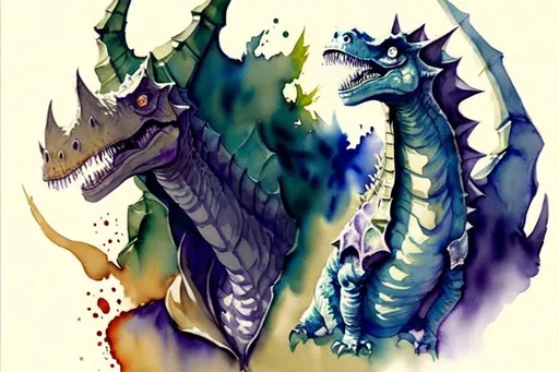 Prompt: Please create a monster manual page baking, I want ominous watercolour Dinosaur beasts with smokey watercolour effects surrounding the creature