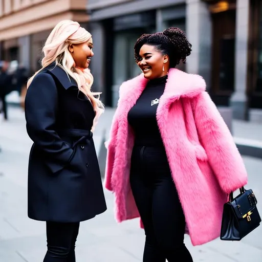 Prompt: Barbie Lizzo having an interview with a coat on the street while smiling 