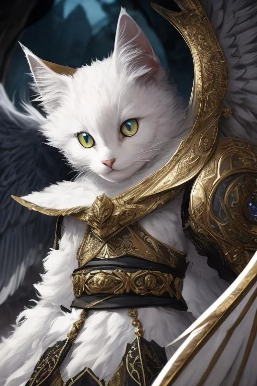Prompt: winged cat, (masterpiece), (best quality:1.2), (intricate detail), dynamic angle, looking at viewer, (1male), ((solo)), (((full body))), (slender), (((tabaxi))), (((white fur))), ((blue pupils)), (((light armor))), black armor, ((cloak)), mysterious, ((ominous expression))