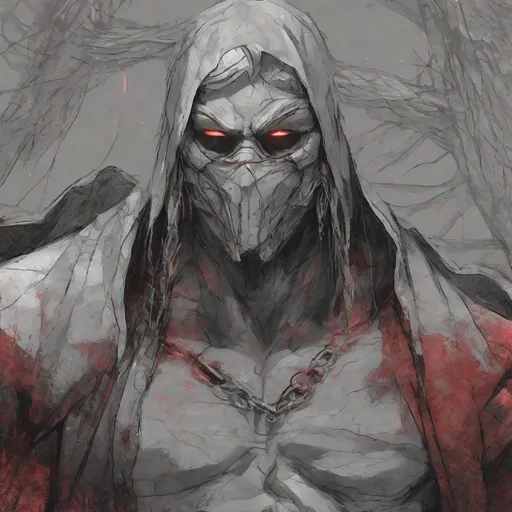 Prompt: Tall, Intimidating, Large, male, Solomon Grundy/goliath D&D build, black hair,  very dark grey scarred skin, covered in bandages, dark tattered cloth armor exposes his midriff, hood of magical darkness that completely shrouds his face with a mask of darkness, large red gem between pecs in chest, Path of the Zealot Barbarian, Strong, wielding large two-handed great-axe, Fantasy setting, D&D, Dead clerics around him, undead, zombie