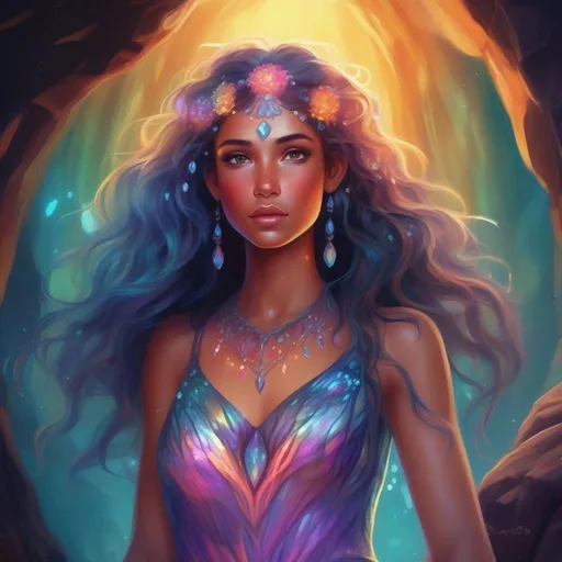Prompt: A colourful and beautiful Persephone, in a beautiful flowing iridescent dress, with iridescent gems as her hair, with glowing tribal markings on her skin, in a cave. In a Disney painted style.