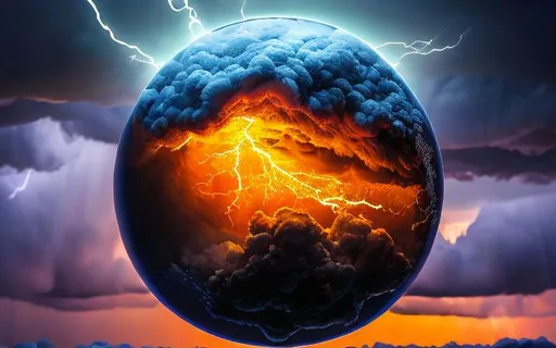 Prompt: Detailed 3D Blue Lightening with Storm clouds inside a glowing sphere, intricate details, hyperdetailed, hyperrealistic,  HD, CG, Night sky