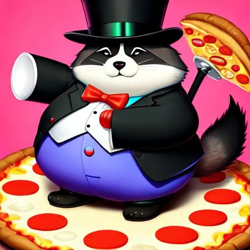 Prompt: fat round raccoon wearing (((top hat and monocle))), fluffy, fluffy tail, art style of sam yang and james jean! cute (((neon))) surrealism, pizza