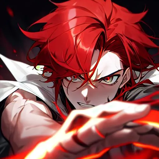 Prompt: Zerif male (Red side-swept hair covering his right eye) UHD, 8K, Highly detailed, insane detail, best quality, high quality, 
