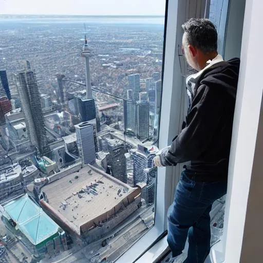 Prompt: a man watching cn tower toronto from his window
