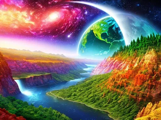 Prompt: Intricate landscape of planet Earth, the universe, hyper-detailed, colorful, award-winning CGI, HD, Outerspace, colorful, forests, waterfalls, amazing, earth, dynamic color, fantasy 