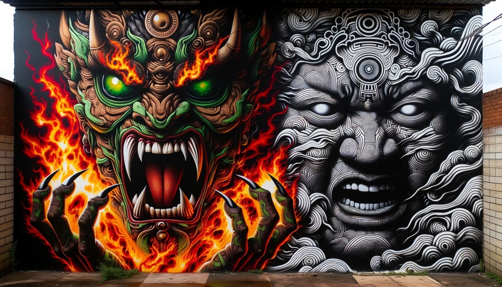 Prompt: intense representation of a fiery monster and a captivating face, depicted in graffiti mural essence, spanning in a panoramic view, adorned with traditional ndebele motifs, primarily in shades of green and black, with subtle hints of meiji art, captured in a broad sheet film aspect ratio.