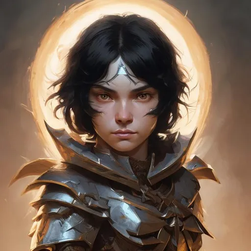 Prompt: Portrait of an human female dungeons and dragons sun paladin with black hair and with cute face, perfect composition, hyperrealistic, super detailed, 8k, high quality, trending art, trending on artstation, sharp focus, studio photo, intricate details, highly detailed, by greg rutkowski