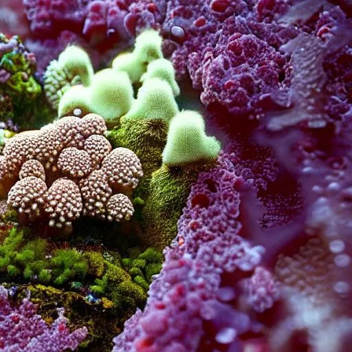 Prompt: a photo of a coral tooth fungus and Pulchrocladia retipora and spagmum moss and amanita muscaria growing on an amethyst underneath a glacier