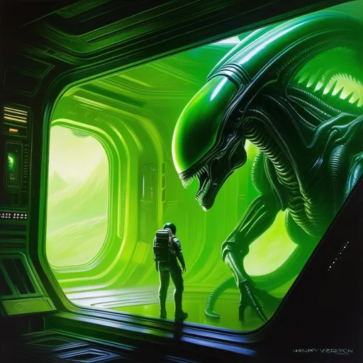 Prompt: Alien Isolation, Amanda Ripley, xenomorphs, green atmosphere, extremely detailed painting by Greg Rutkowski and by Henry Justice Ford and by Steve Henderson