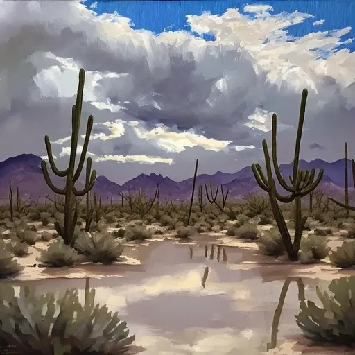 Prompt: Rainy afternoon on a desert oasis in acrylic
