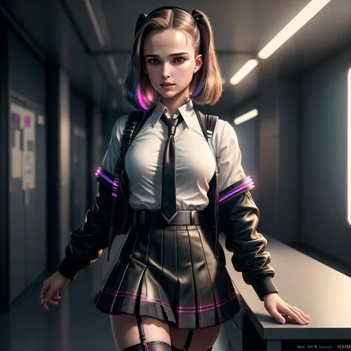 Prompt: Cyberpunk, Young Natalie Portman pig-tail hair cut, short skirt, stockings and garters, school girl uniform, raw photo, photorealistic, High Detail, dramatic, UHD, HDR raw photo, realistic, sharp focus, 8K high definition, insanely detailed, intricate, high quality, 
