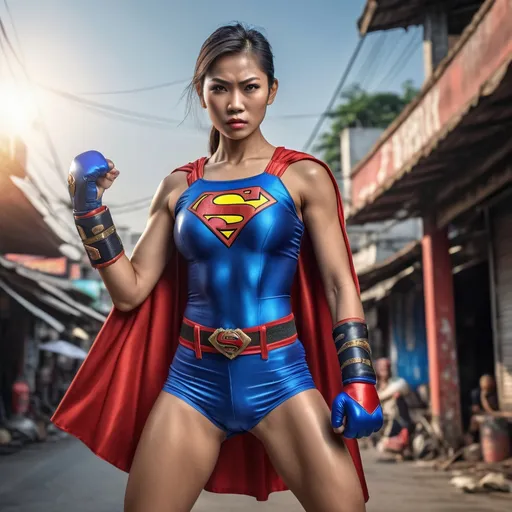 Prompt: one hybrid superhero character, Mix superman and famous female muay thai fighter, in realistic background of bangkok, with weapon, intense facial expression, detailed armor and cape, 4K, detailed facial expression, superhero, vibrant colors, intense gaze, advertisement-worthy, realistic, detailed illustration, professional, vibrant lighting
