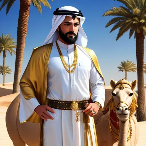 Prompt: A man in Arabian desert,with medium sized beard,white and golden outfit,with golden belts,reflection from golden belts,palm trees and camel in background,shiny outfit,perfect lighting,hair not visible,an ancient necklace,black eyes,8k,ultra resolution,best quality,highest details
