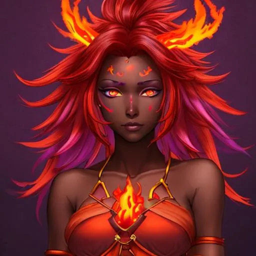 Prompt: Fire Genasi with red-purple-orange ombre hair and darker skin
