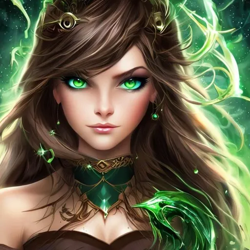 Prompt: beautiful sorceress with brown hair over her shoulders and green eyes.
