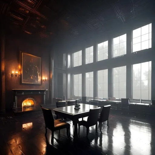 Prompt: A room with dark academia aesthetic, with long floor to ceiling windows covered in mist and rain. A fire place on the left side of the room and a table with two chairs across from it