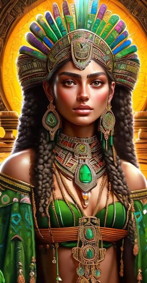 Prompt: Highly detailed painting of a beautiful green eyed Aztec goddess covered in jewelry by Michaelangelo 

dreamy natural colors, intricate details + diffused light + fantasy painting + ultra realistic + unreal engine
