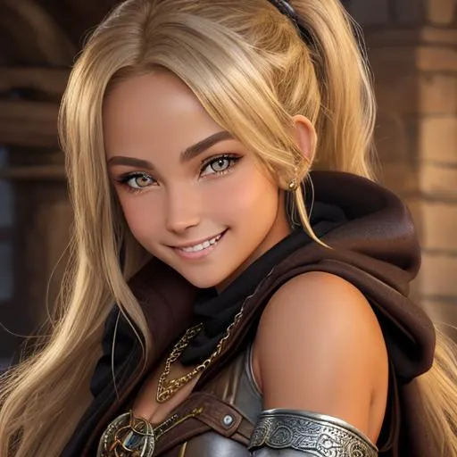 Prompt: oil painting, D&D fantasy, (23 years old) lightly tanned-skinned hobbit girl, (tiny petite body), beautiful face, mischievous grin, long ponytail dirty blonde hair, mischievious grin looking at the viewer, wearing adventurer's chain mail with a dark brown cloak and casting a holy elemental spell #3238, UHD, hd , 8k eyes, detailed face, big anime dreamy eyes, 8k eyes, intricate details, insanely detailed, masterpiece, cinematic lighting, 8k, complementary colors, golden ratio, octane render, volumetric lighting, unreal 5, artwork, concept art, cover, top model, light on hair colorful glamourous hyperdetailed medieval city background, intricate hyperdetailed breathtaking colorful glamorous scenic view landscape, ultra-fine details, hyper-focused, deep colors, dramatic lighting, ambient lighting god rays, flowers, garden | by sakimi chan, artgerm, wlop, pixiv, tumblr, instagram, deviantart