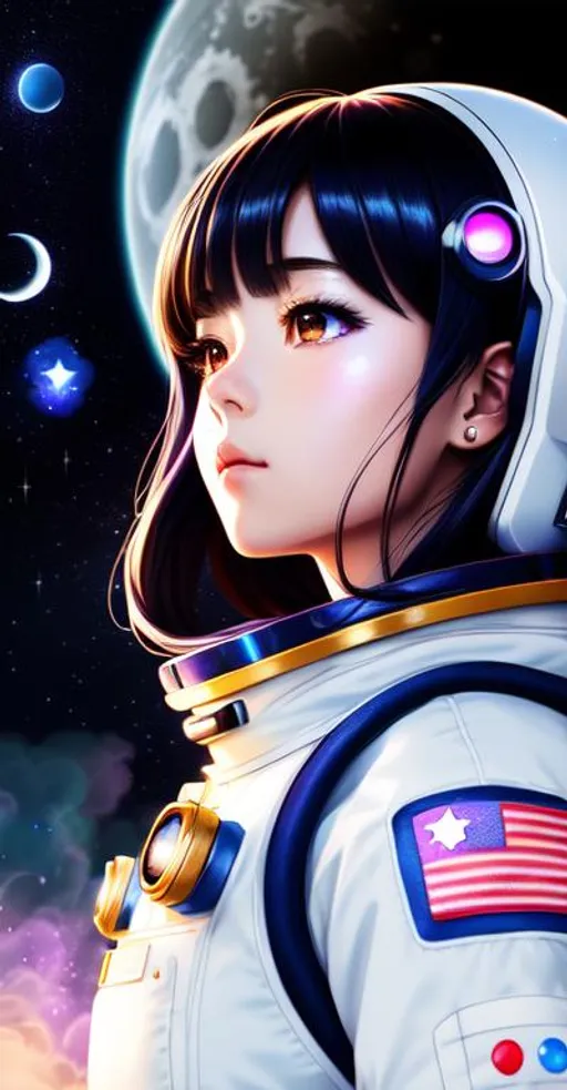 Prompt: 1 girl, anime, portrait,

anime woman on the moon looking into space, wearing a space suit, stars, stars visible, particles visible, moon, comet, night, twilight, hyper realistic detailed lighting, hyper realistic shadows,

hyper realistic masterpiece, high contrast, sharp focus, digital painting, pastel mix art, digital art, clean art, professional, contrast color, contrast, colorful, rich deep color, studio lighting, dynamic light, deliberate, concept art, highly contrast light, strong back light, hyper detailed, super detailed, render, CGI winning award, hyper realistic, ultra realistic, UHD, HDR, 64K, RPG, inspired by wlop, UHD render, HDR render