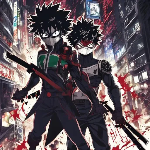 Prompt: My hero academia reimagined. masked vigilante deku villain versus bakugo. Fighting. Blood spatters. Very Dark image with lots of shadows. Background partially destroyed neo Tokyo. Noir anime. Gritty. Dirty. Detailed. Accurate. Perfect.