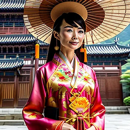 Prompt: An Asian woman wearing an ascot necktie and traditional Chinese garb. Over the necktie is an overcoat robe in the traditional Chinese style. Hanfu, the person is wearing a mix of a business suit and East Asian attire, the person is wearing a fancy sun hat, the person is surrounded by Chinese domed buildings, landscape, realistic, photograph