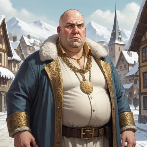 Prompt: Full body, Fantasy illustration of a male mayor, chubby ederly man, scared expression, bald-headed with tonsure, exquisite garment, golden Necklace, 
scared gaze, high quality, rpg-fantasy, detailed, snow covered wiking town background