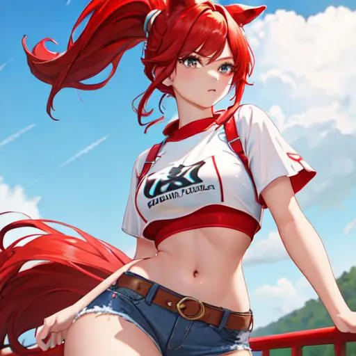 Prompt: Haley as a horse girl with bright red side-swept hair, wearing a crop top and denim shorts barely going past her thigh, UHD, highly detailed