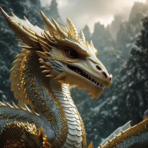 Prompt: beautiful photograph of most beautiful fictional, Dragon, goodnes, angelic, White and golden, extremely, detailed environment, detailed blur background, intricate, detailed skin, natural colors , professionally color graded, photorealism, 8k, moody lighting.