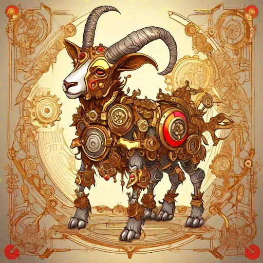 Prompt: Bipedal creature resembling a Goat, copper clockwork armor, golden horns, a gold and brown propeller, silver gears with red bullseye, masterpiece, best quality, Coloring Book Style