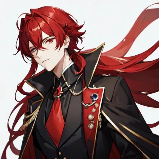 Prompt: Zerif 1male (Red side-swept hair covering his right eye) wearing a black royal suit, white cape, 