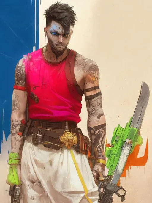 Prompt: Cyberpunk male with tattoos, strong apocalyptic, swords, guns, axes, anatomical, dark, gothic, mech, hazardous waste, green, blue, orange, emo, trees