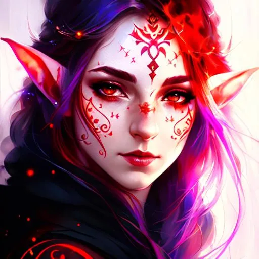 Prompt: mage, female elf, cursed, tattoo on cheek, red glowing mark, UHD, 8K, high fantasy, (((art by Agnes Cecile))), 