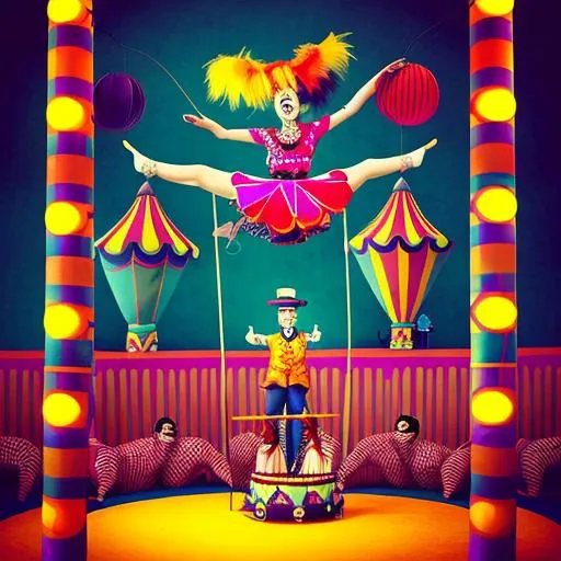 Prompt: An unusual circus scene, by Claire Lee, behance, surreal setting, quirky characters, whimsical atmosphere, unexpected twists, colorful costumes, dynamic composition, playful mood, dramatic lighting, imaginative design