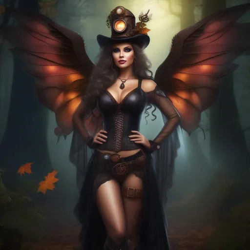 Prompt: Wide angle. Whole body showing. Detailed Illustration. Photo real. Very realistic. A beautiful, buxom woman with broad hips. Colorful, glowing bright eyes,  standing in a forest by a sleepy town. Shes a Steam Punk Witch, a Winged Fairy, with a Skimpy, sheer, flowing outfit. On a colorful, Halloween night. 