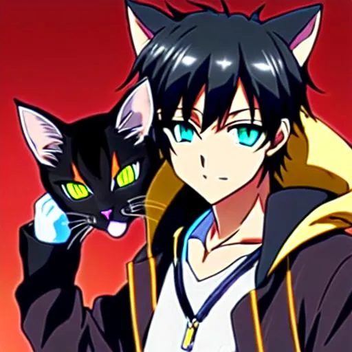 Prompt: Black skin, cat boy, neko, wearing a gray jacket, with yellow eyes, black hair, with red headphones around his neck, anime style, holding a chainsaw