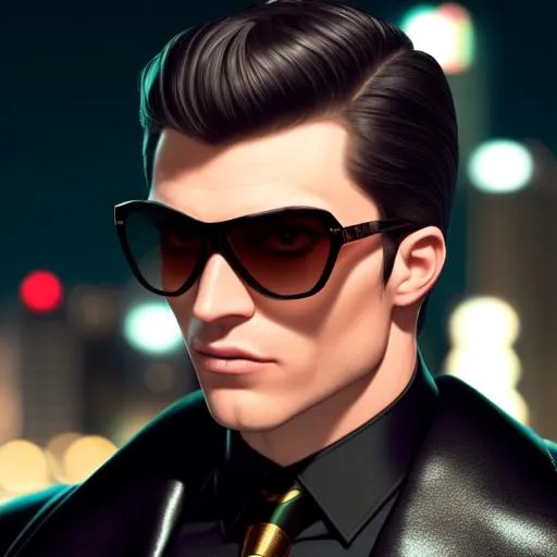 Prompt: Hyper-realistic, perfect, beautiful, batman wearing gucci with   surfer cut and prada shades, 18K, in the city lights ,