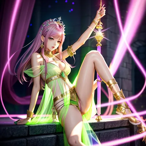 Prompt: photo fullbody see through clothes of (Lisa lalisa blackpink)As(final fantasy's summoner)(wear tiara) (light green cloth)( fluffy pink short hair styles) (spread leg in dungeon)(highlights color hair)(high quality,illustration, smooth skin, cute , very beautiful ,high details, realistic, sharp focus , b34-w26-h36, ,small chest,artstation , double eyelid brown eyes , full body,cute posed , elegant , hair details , eyes details ,face details , background details , smooth soft skin, big dreamy eyes, beautiful intricate colored hair, symmetrical, anime wide eyes, soft lighting, detailed face, by makoto shinkai, stanley artgerm lau, wlop, rossdraws, concept art, digital painting, looking into camera 