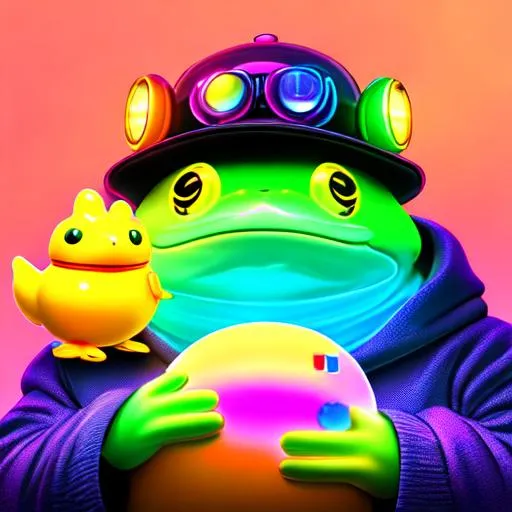 Prompt: professional digital art (((rainbow fat frog and fat rubber duck))) (((wearing hat))) (((cyberpunk))), chaotic, (((neon))), surreal, (((bubbles))), 4k,