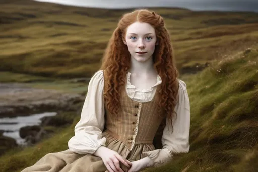 Prompt: Lass from scotland in 18th century,red curly long hair with mid brown eyes, pale skin, with freckes, landscape nature scotland
Dressed with clothes from 1760