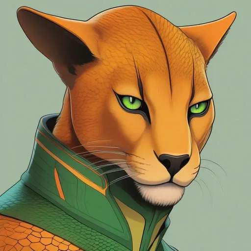 Prompt:  A 33 years old alien of a star trek panther race. Vaguely humanoid. He has shot orange fur and a white skin. He wears a scifi uniform and has green lizard eyes. Detailed, well draw face, Smooth skin. rpg art. Star trek art. 2d art. 2d, color drawing