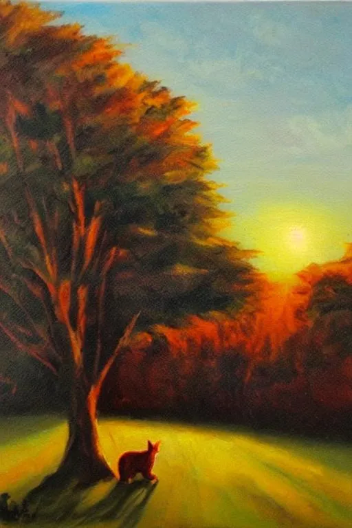 Prompt: morning time, landscape, oil painting, blue sky, red sun, tree, one little cat, realistic,