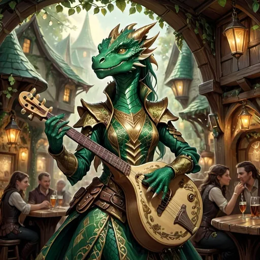 Prompt: Female dragonborn bard, slim figure, enchanting pose, intricate musical instrument, sleek scales shimmering in rich emerald and gold tones, fantastical outfit adorned with whimsical patterns, vibrant ambiance filled with magical energy, ethereal lighting illuminating her captivating expression, beautifully detailed setting suggesting a lively tavern or forest stage, ultra-detailed, high quality.